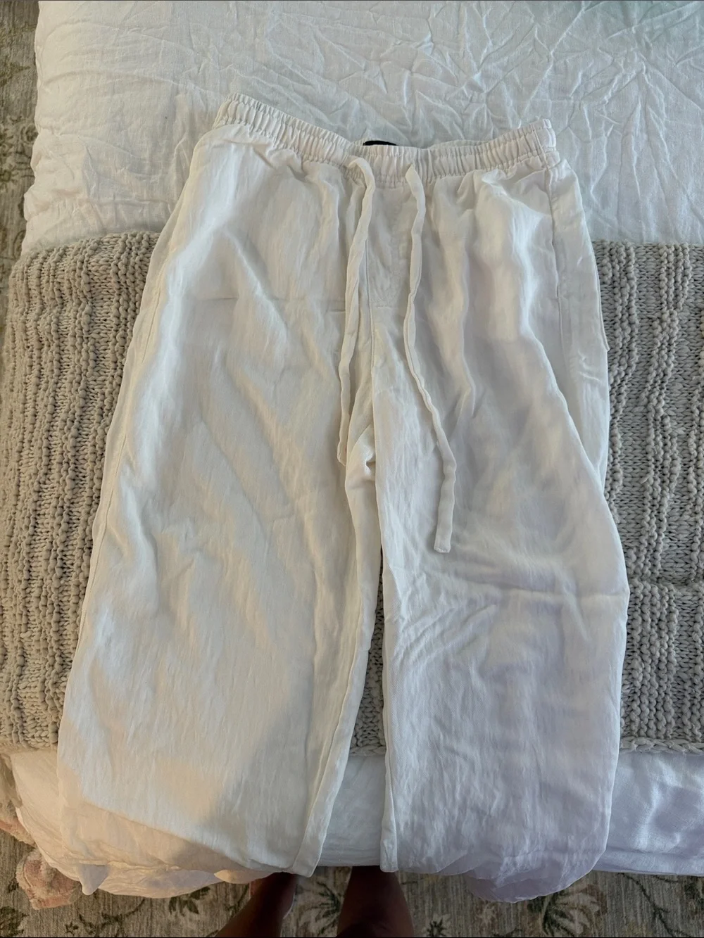 Zara Lightweight White Linen-Blend Drawstring Pants